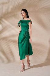 Annette Off Shoulder Draped Midi Silk Dress